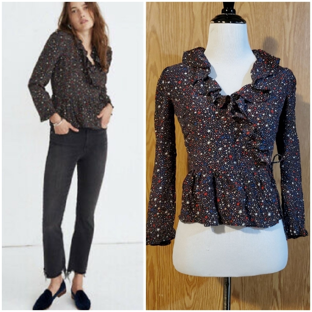 Madewell starry night 100% silk wrap blouse ruffle trim size XXS